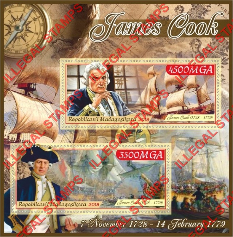 Madagascar 2018 James Cook Illegal Stamp Souvenir Sheet of 2 Madagascar 2018 James Cook Illegal Stamp Souvenir Sheet of 2