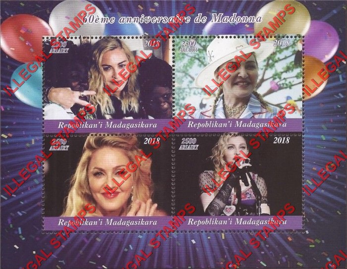 Madagascar 2018 Madonna Illegal Stamp Souvenir Sheet of 4 Madagascar 2018 Madonna Illegal Stamp Souvenir Sheet of 4