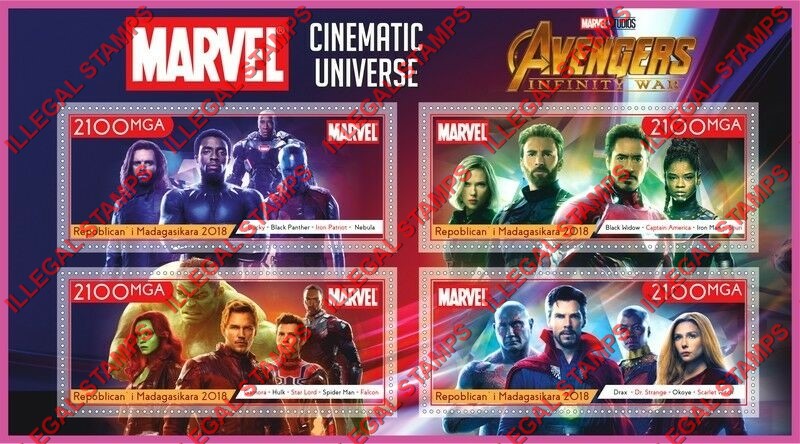 Madagascar 2018 Marvel Cinematic Universe Illegal Stamp Souvenir Sheet of 4 Madagascar 2018 Marvel Cinematic Universe Illegal Stamp Souvenir Sheet of 4