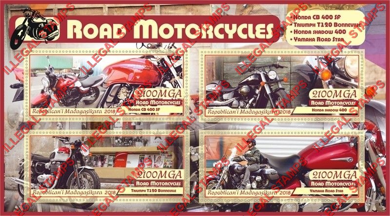 Madagascar 2018 Motorcycles Illegal Stamp Souvenir Sheet of 4 Madagascar 2018 Motorcycles Illegal Stamp Souvenir Sheet of 4