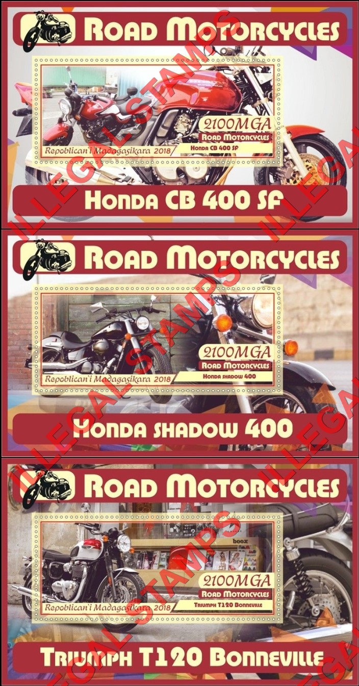 Madagascar 2018 Motorcycles Illegal Stamp Souvenir Sheets of 1 (Part 1) Madagascar 2018 Motorcycles Illegal Stamp Souvenir Sheets of 1 (Part 1)
