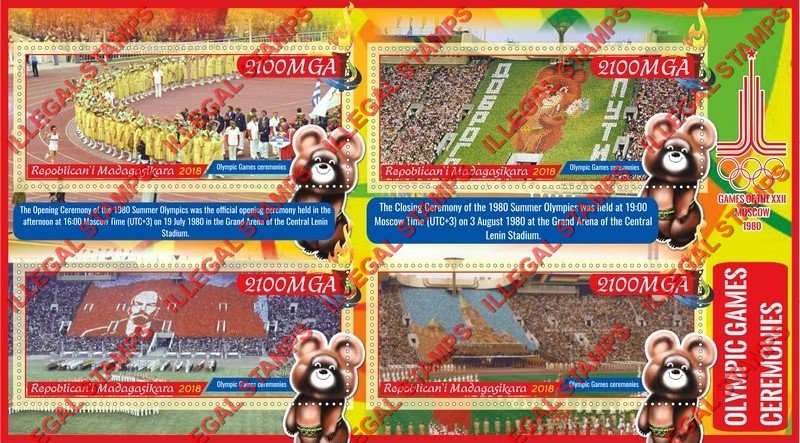 Madagascar 2018 Olympic Games Ceremonies in Moscow in 1980 Illegal Stamp Souvenir Sheet of 4 Madagascar 2018 Olympic Games Ceremonies in Moscow in 1980 Illegal Stamp Souvenir Sheet of 4