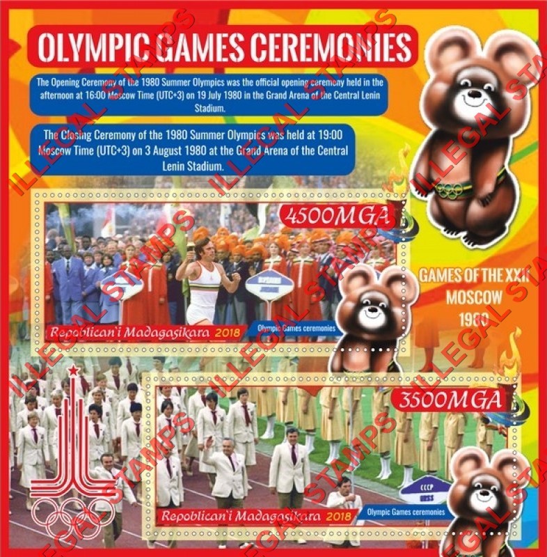 Madagascar 2018 Olympic Games Ceremonies in Moscow in 1980 Illegal Stamp Souvenir Sheet of 2 Madagascar 2018 Olympic Games Ceremonies in Moscow in 1980 Illegal Stamp Souvenir Sheet of 2