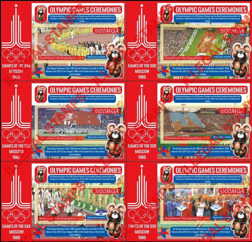 Madagascar 2018 Olympic Games Ceremonies in Moscow in 1980 Illegal Stamp Souvenir Sheets of 1 Madagascar 2018 Olympic Games Ceremonies in Moscow in 1980 Illegal Stamp Souvenir Sheets of 1