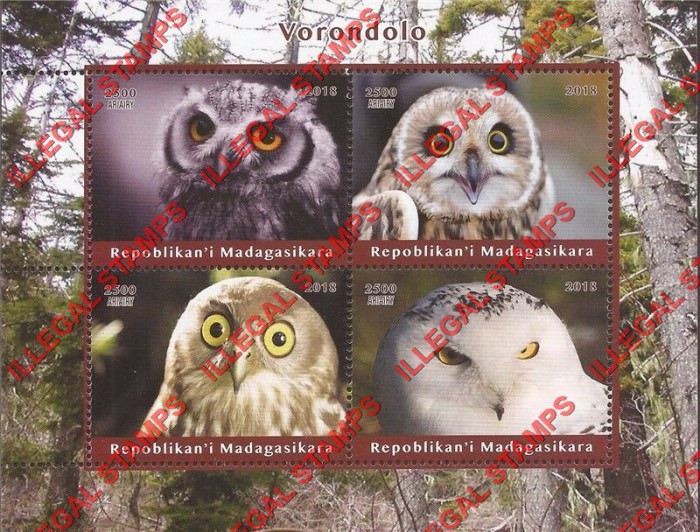Madagascar 2018 Owls Illegal Stamp Souvenir Sheet of 4 Madagascar 2018 Owls Illegal Stamp Souvenir Sheet of 4