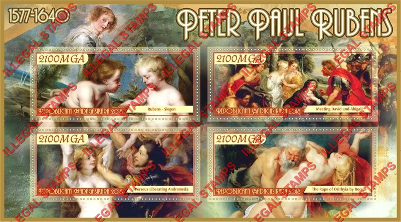 Madagascar 2018 Paintings by Peter Paul Rubens Illegal Stamp Souvenir Sheet of 4 Madagascar 2018 Paintings by Peter Paul Rubens Illegal Stamp Souvenir Sheet of 4