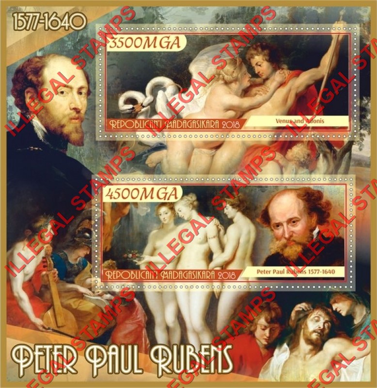 Madagascar 2018 Paintings by Peter Paul Rubens Illegal Stamp Souvenir Sheet of 2 Madagascar 2018 Paintings by Peter Paul Rubens Illegal Stamp Souvenir Sheet of 2