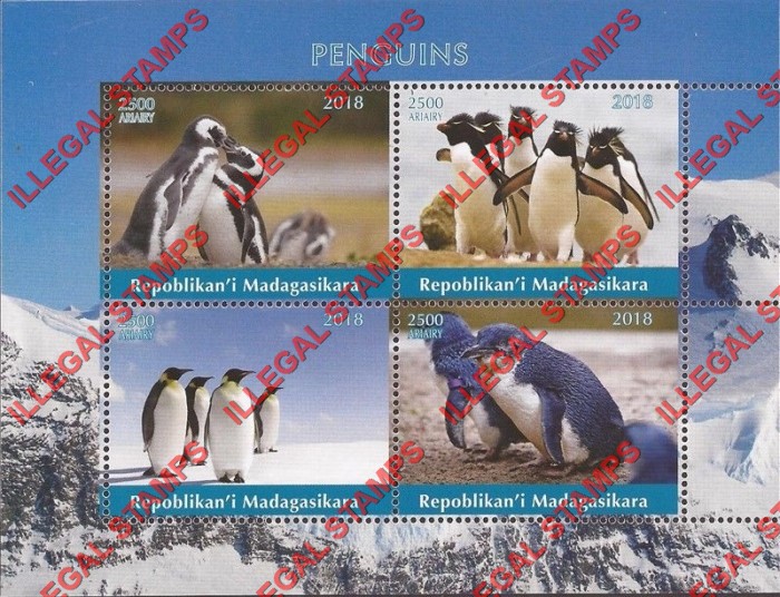 Madagascar 2018 Penguins Illegal Stamp Souvenir Sheet of 4 Madagascar 2018 Penguins Illegal Stamp Souvenir Sheet of 4