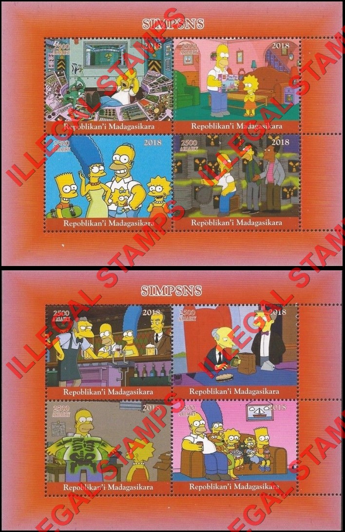 Madagascar 2018 The Simpsons Illegal Stamp Souvenir Sheets of 4 Madagascar 2018 The Simpsons Illegal Stamp Souvenir Sheets of 4