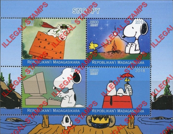 Madagascar 2018 Snoopy Illegal Stamp Souvenir Sheet of 4 Madagascar 2018 Snoopy Illegal Stamp Souvenir Sheet of 4