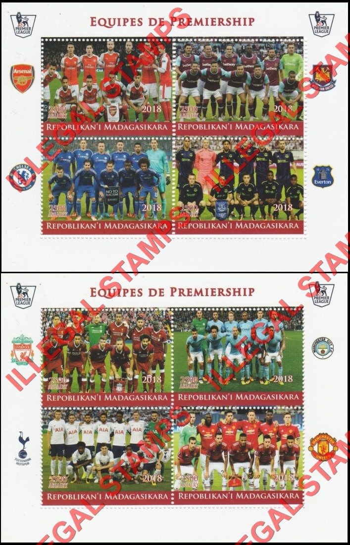 Madagascar 2018 Soccer Premier League (Football) Illegal Stamp Souvenir Sheets of 4 Madagascar 2018 Soccer Premier League (Football) Illegal Stamp Souvenir Sheets of 4