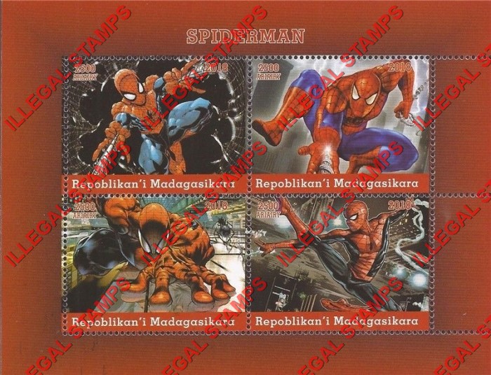 Madagascar 2018 Spiderman Illegal Stamp Souvenir Sheet of 4 Madagascar 2018 Spiderman Illegal Stamp Souvenir Sheet of 4