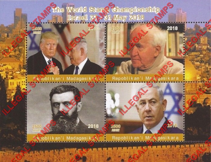 Madagascar 2018 Stamp Championship Israel Netanyahu Illegal Stamp Souvenir Sheet of 4 Madagascar 2018 Stamp Championship Israel Netanyahu Illegal Stamp Souvenir Sheet of 4