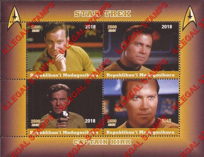Madagascar 2018 Star Trek Captain Kirk Illegal Stamp Souvenir Sheet of 4 Madagascar 2018 Star Trek Captain Kirk Illegal Stamp Souvenir Sheet of 4