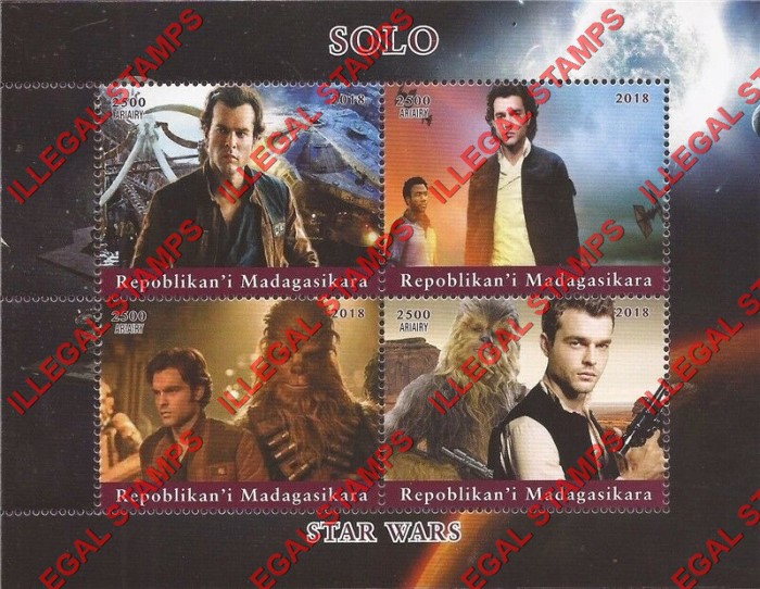 Madagascar 2018 Star Wars Hans Solo Illegal Stamp Souvenir Sheet of 4 Madagascar 2018 Star Wars Hans Solo Illegal Stamp Souvenir Sheet of 4