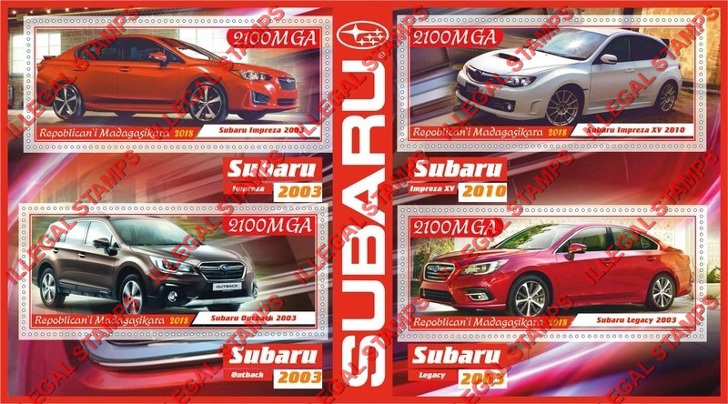 Madagascar 2018 Subaru Cars Illegal Stamp Souvenir Sheet of 4 Madagascar 2018 Subaru Cars Illegal Stamp Souvenir Sheet of 4