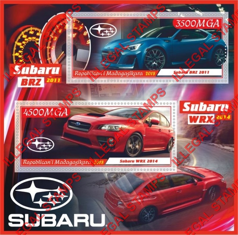 Madagascar 2018 Subaru Cars Illegal Stamp Souvenir Sheet of 2 Madagascar 2018 Subaru Cars Illegal Stamp Souvenir Sheet of 2
