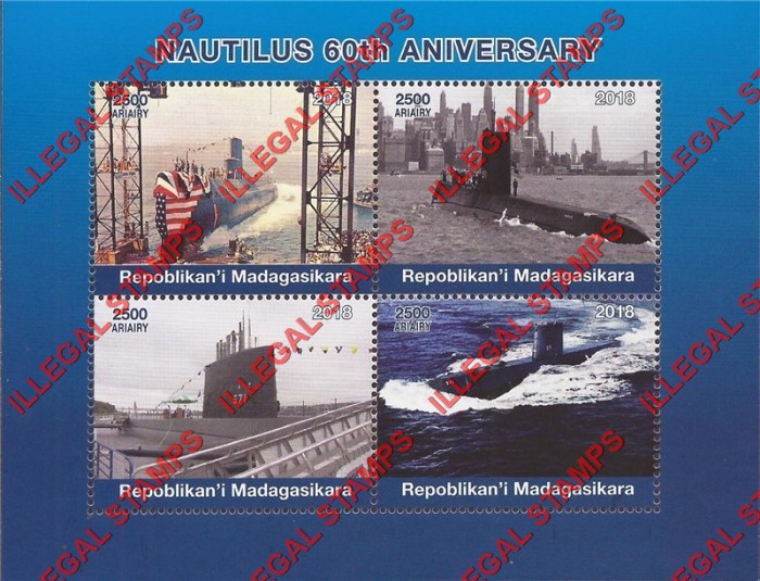 Madagascar 2018 Submarines Nautilus Illegal Stamp Souvenir Sheet of 4 Madagascar 2018 Submarines Nautilus Illegal Stamp Souvenir Sheet of 4