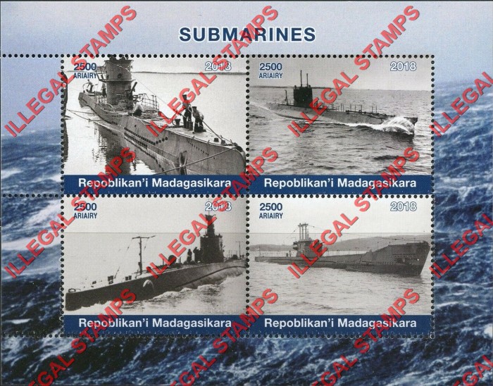 Madagascar 2018 Submarines Illegal Stamp Souvenir Sheet of 4 Madagascar 2018 Submarines Illegal Stamp Souvenir Sheet of 4