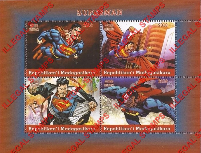 Madagascar 2018 Superman Illegal Stamp Souvenir Sheet of 4 Madagascar 2018 Superman Illegal Stamp Souvenir Sheet of 4