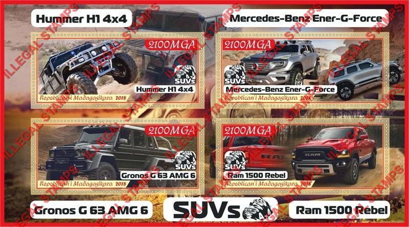 Madagascar 2018 SUV's Illegal Stamp Souvenir Sheet of 4 Madagascar 2018 SUV's Illegal Stamp Souvenir Sheet of 4