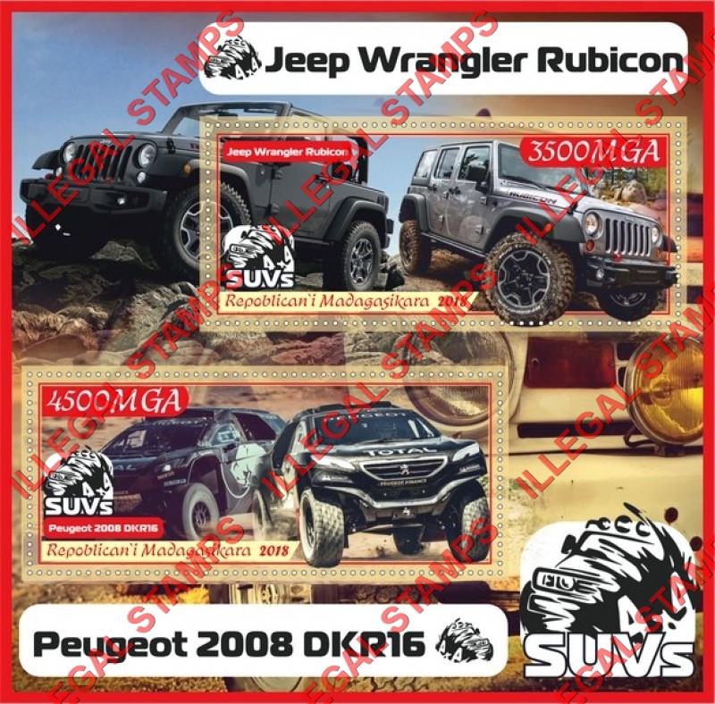 Madagascar 2018 SUV's Illegal Stamp Souvenir Sheet of 2 Madagascar 2018 SUV's Illegal Stamp Souvenir Sheet of 2