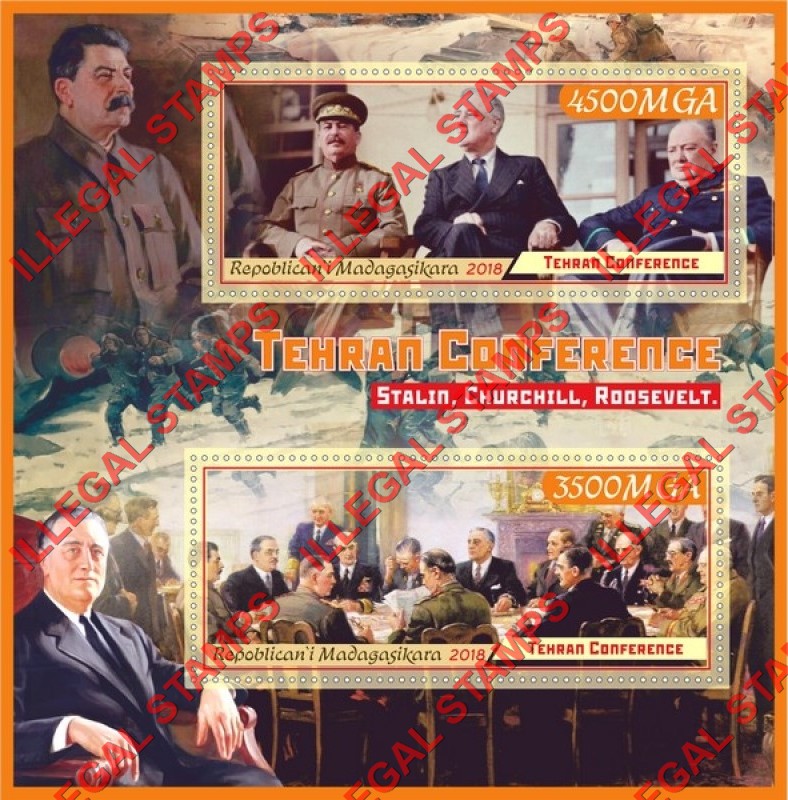 Madagascar 2018 Tehran Conference Illegal Stamp Souvenir Sheet of 2 Madagascar 2018 Tehran Conference Illegal Stamp Souvenir Sheet of 2