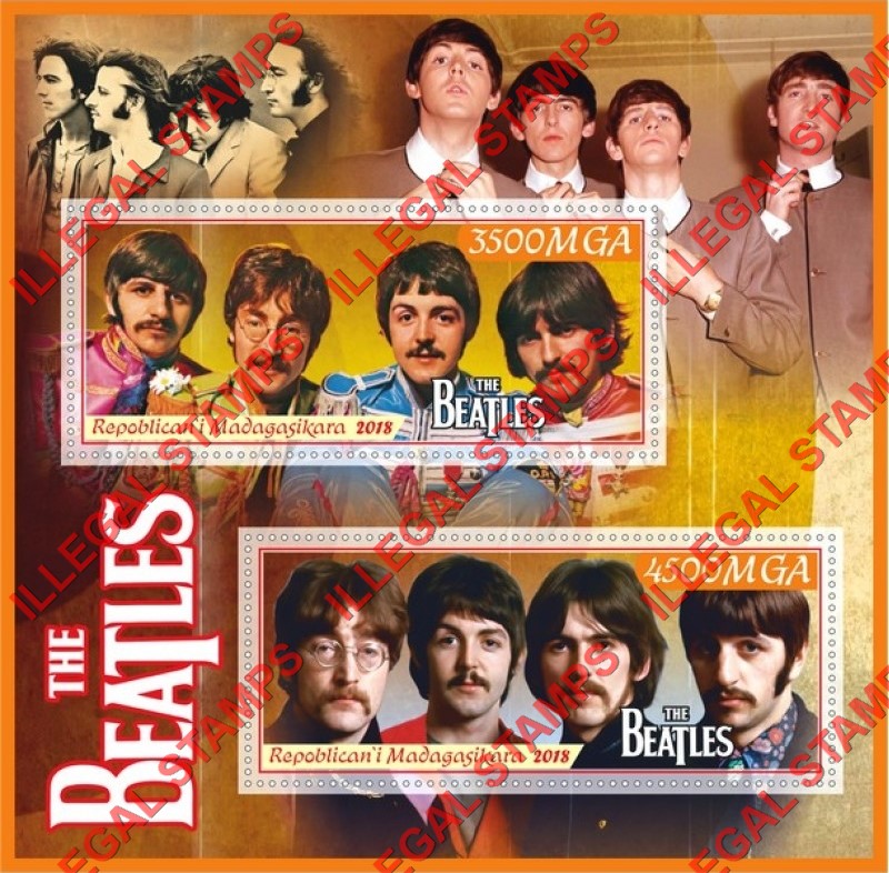 Madagascar 2018 The Beatles Illegal Stamp Souvenir Sheet of 2 Madagascar 2018 The Beatles Illegal Stamp Souvenir Sheet of 2