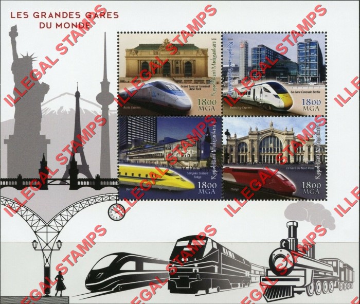 Madagascar 2018 Big Train Stations of the World Illegal Stamp Souvenir Sheet of 4 Madagascar 2018 Big Train Stations of the World Illegal Stamp Souvenir Sheet of 4