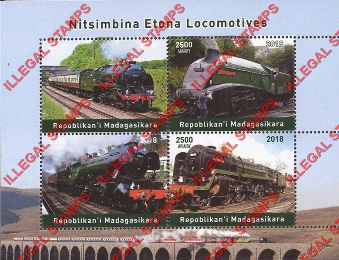 Madagascar 2018 Trains Steam Locomotives Illegal Stamp Souvenir Sheet of 4 Madagascar 2018 Trains Steam Locomotives Illegal Stamp Souvenir Sheet of 4