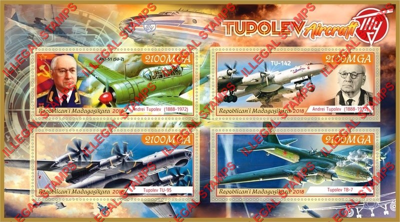 Madagascar 2018 Tupolev Aircraft Illegal Stamp Souvenir Sheet of 4 Madagascar 2018 Tupolev Aircraft Illegal Stamp Souvenir Sheet of 4
