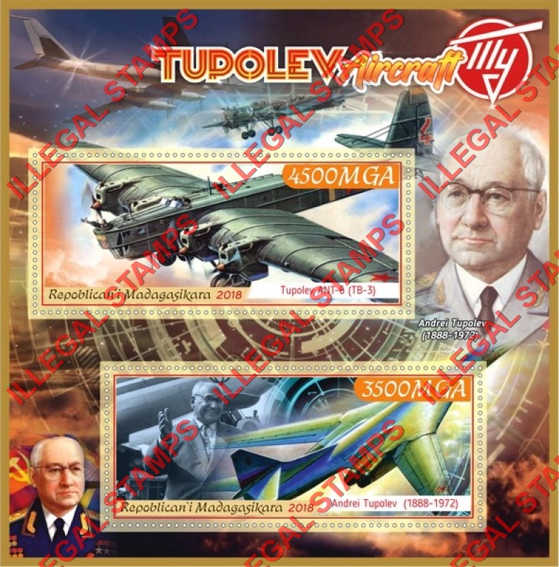 Madagascar 2018 Tupolev Aircraft Illegal Stamp Souvenir Sheet of 2 Madagascar 2018 Tupolev Aircraft Illegal Stamp Souvenir Sheet of 2