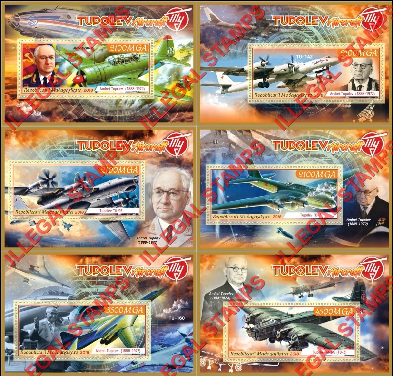 Madagascar 2018 Tupolev Aircraft Illegal Stamp Souvenir Sheets of 1 Madagascar 2018 Tupolev Aircraft Illegal Stamp Souvenir Sheets of 1