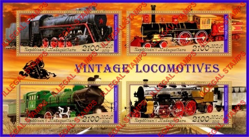 Madagascar 2018 Vintage Locomotives Illegal Stamp Souvenir Sheet of 4 Madagascar 2018 Vintage Locomotives Illegal Stamp Souvenir Sheet of 4