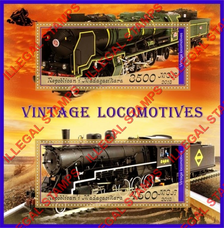 Madagascar 2018 Vintage Locomotives Illegal Stamp Souvenir Sheet of 2 Madagascar 2018 Vintage Locomotives Illegal Stamp Souvenir Sheet of 2