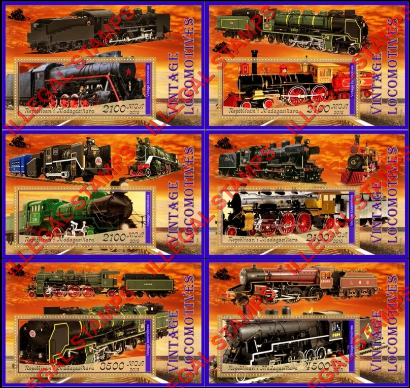 Madagascar 2018 Vintage Locomotives Illegal Stamp Souvenir Sheets of 1 Madagascar 2018 Vintage Locomotives Illegal Stamp Souvenir Sheets of 1