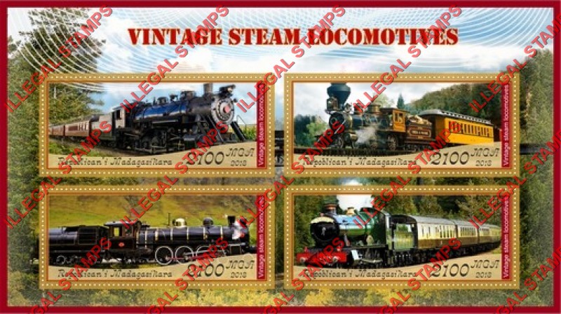 Madagascar 2018 Vintage Steam Locomotives Illegal Stamp Souvenir Sheet of 4 Madagascar 2018 Vintage Steam Locomotives Illegal Stamp Souvenir Sheet of 4