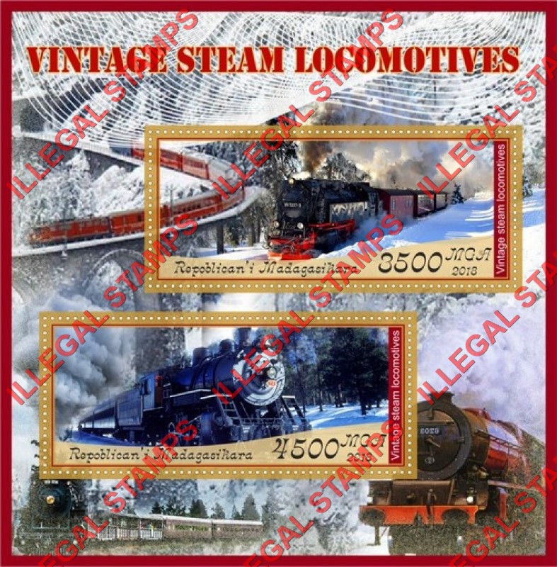 Madagascar 2018 Vintage Steam Locomotives Illegal Stamp Souvenir Sheet of 2 Madagascar 2018 Vintage Steam Locomotives Illegal Stamp Souvenir Sheet of 2