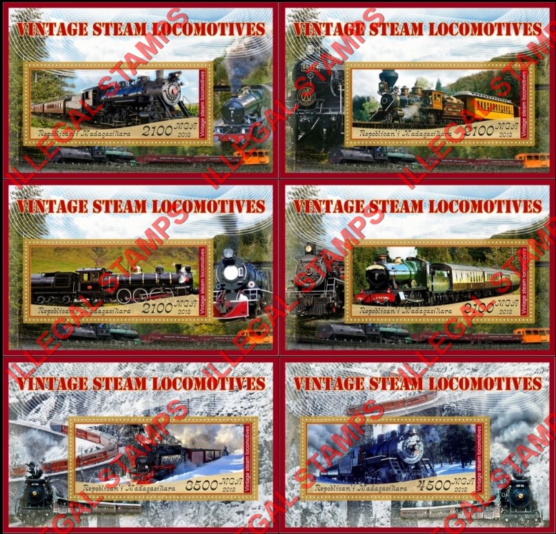 Madagascar 2018 Vintage Steam Locomotives Illegal Stamp Souvenir Sheets of 1 Madagascar 2018 Vintage Steam Locomotives Illegal Stamp Souvenir Sheets of 1