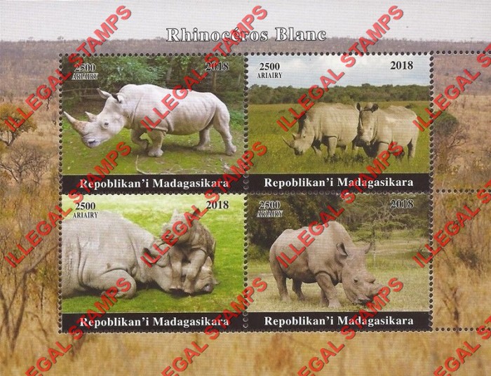 Madagascar 2018 White Rhinoceros Illegal Stamp Souvenir Sheet of 4 Madagascar 2018 White Rhinoceros Illegal Stamp Souvenir Sheet of 4