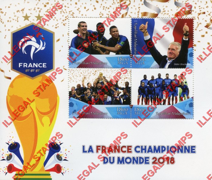 Madagascar 2018 World Cup Soccer French Champions Illegal Stamp Souvenir Sheet of 4 Madagascar 2018 World Cup Soccer French Champions Illegal Stamp Souvenir Sheet of 4