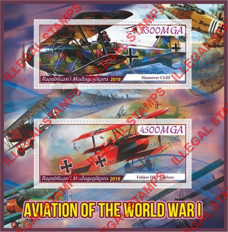 Madagascar 2018 World War I Aviation Illegal Stamp Souvenir Sheet of 2 Madagascar 2018 World War I Aviation Illegal Stamp Souvenir Sheet of 2