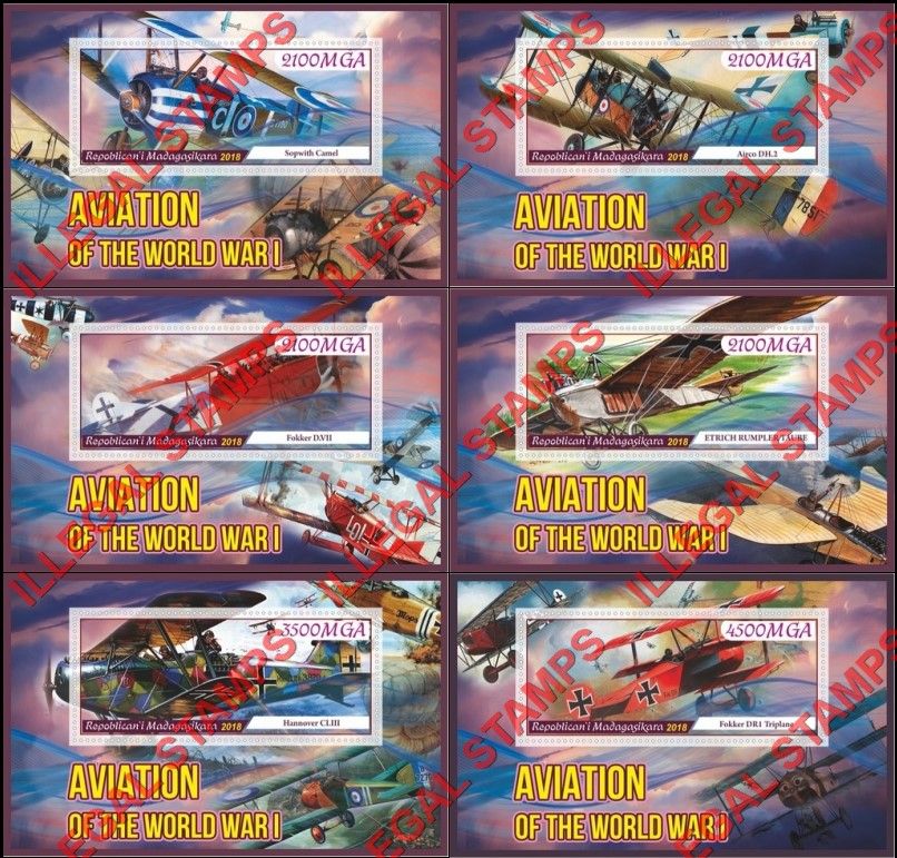 Madagascar 2018 World War I Aviation Illegal Stamp Souvenir Sheets of 1 Madagascar 2018 World War I Aviation Illegal Stamp Souvenir Sheets of 1
