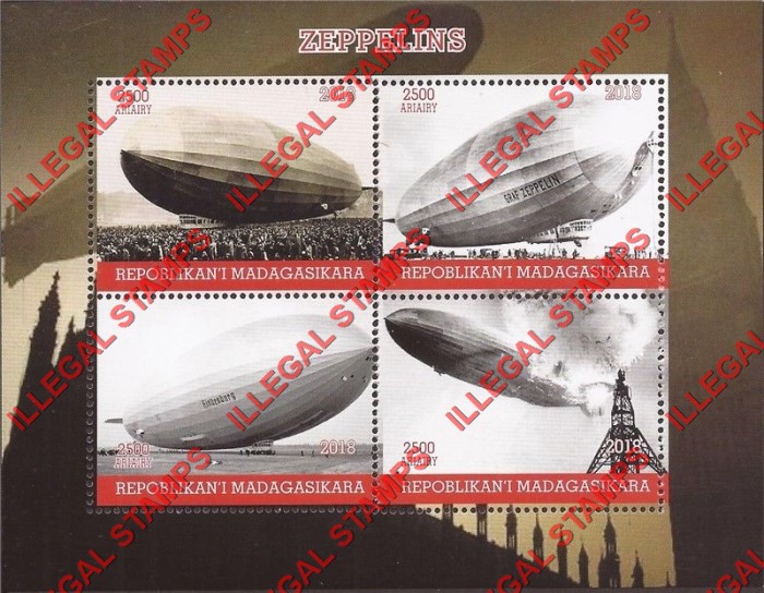 Madagascar 2018 Zeppelins Illegal Stamp Souvenir Sheet of 4 Madagascar 2018 Zeppelins Illegal Stamp Souvenir Sheet of 4
