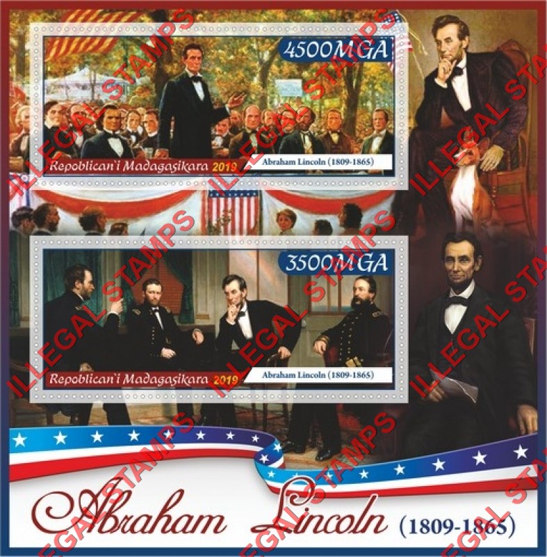 Madagascar 2019 Abraham Lincoln Illegal Stamp Souvenir Sheet of 2 Madagascar 2019 Abraham Lincoln Illegal Stamp Souvenir Sheet of 2