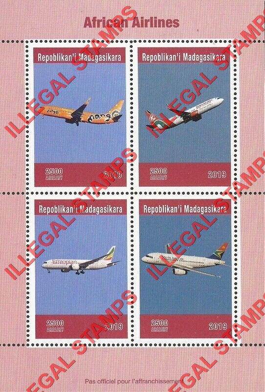 Madagascar 2019 African Airlines Illegal Stamp Souvenir Sheet of 4 Madagascar 2019 African Airlines Illegal Stamp Souvenir Sheet of 4