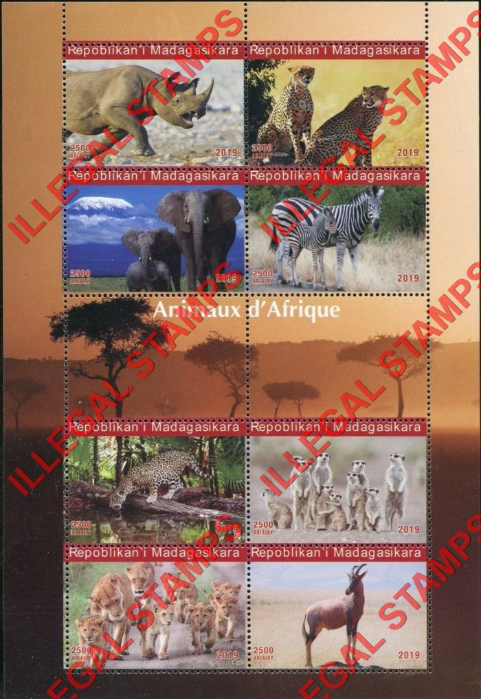 Madagascar 2019 African Animals Illegal Stamp Souvenir Sheet of 8 Madagascar 2019 African Animals Illegal Stamp Souvenir Sheet of 8