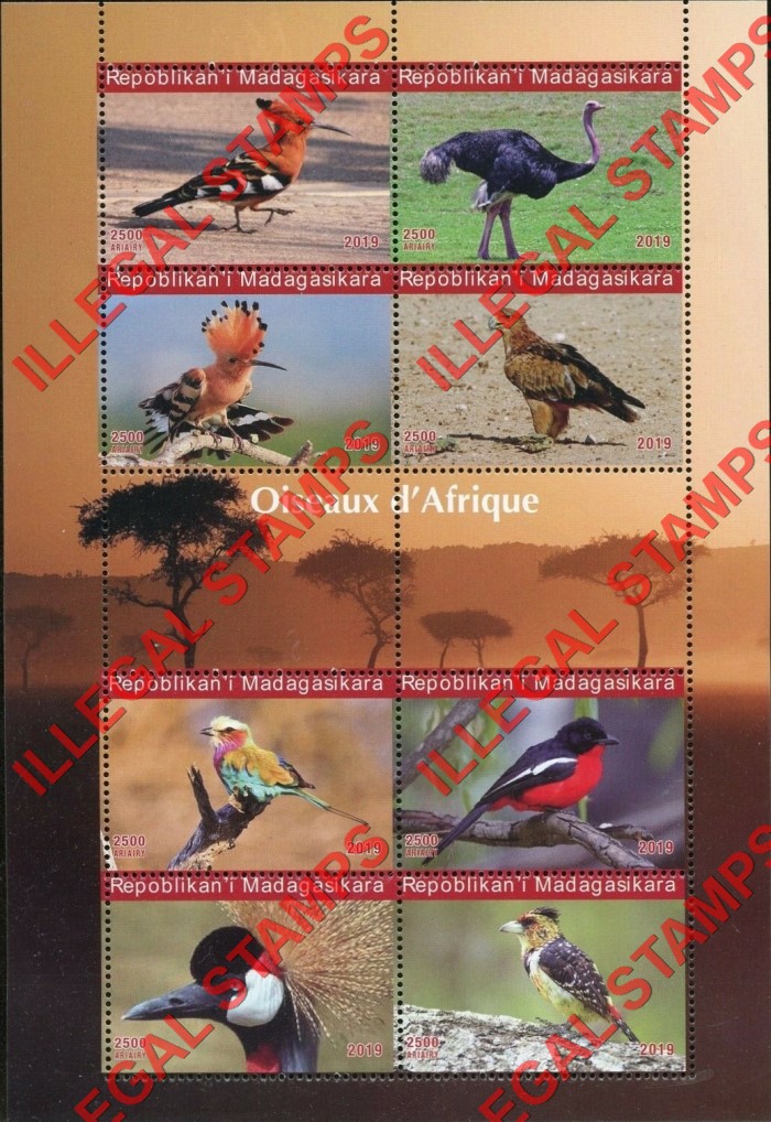 Madagascar 2019 African Birds Illegal Stamp Souvenir Sheet of 8 Madagascar 2019 African Birds Illegal Stamp Souvenir Sheet of 8