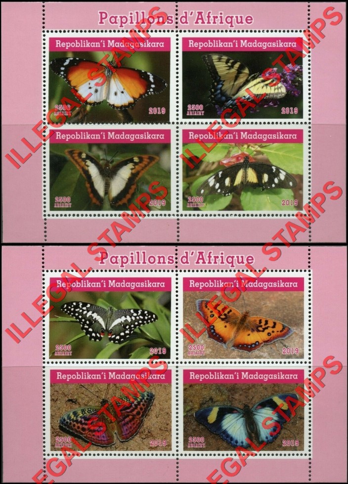 Madagascar 2019 African Butterflies Illegal Stamp Souvenir Sheets of 4 Madagascar 2019 African Butterflies Illegal Stamp Souvenir Sheets of 4