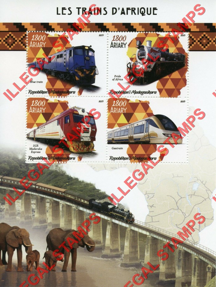 Madagascar 2019 African Trains Illegal Stamp Souvenir Sheet of 4 Madagascar 2019 African Trains Illegal Stamp Souvenir Sheet of 4